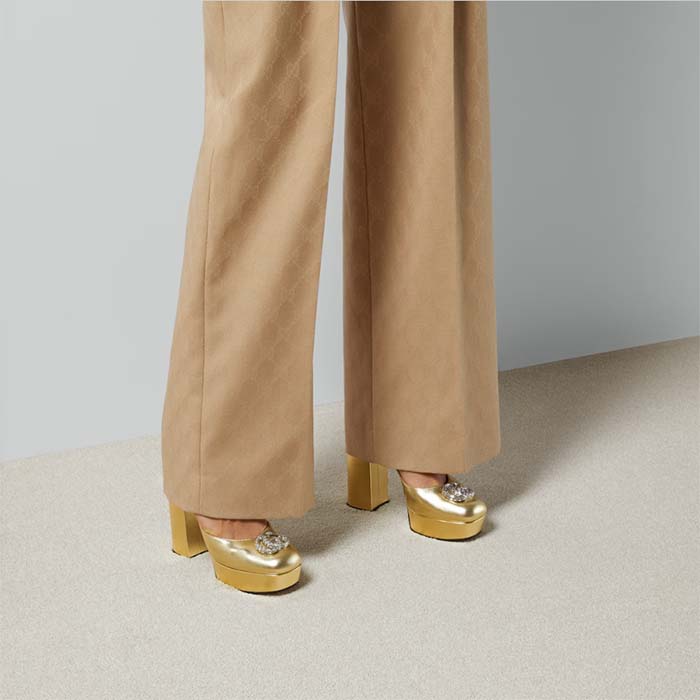 Gucci Women GG Platform Pump Double G Metallic Gold Patent Leather Crystals High Heel