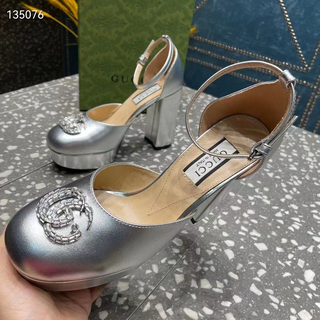 Gucci Women GG Platform Pump Double G Metallic Silver Patent Leather Crystals High Heel