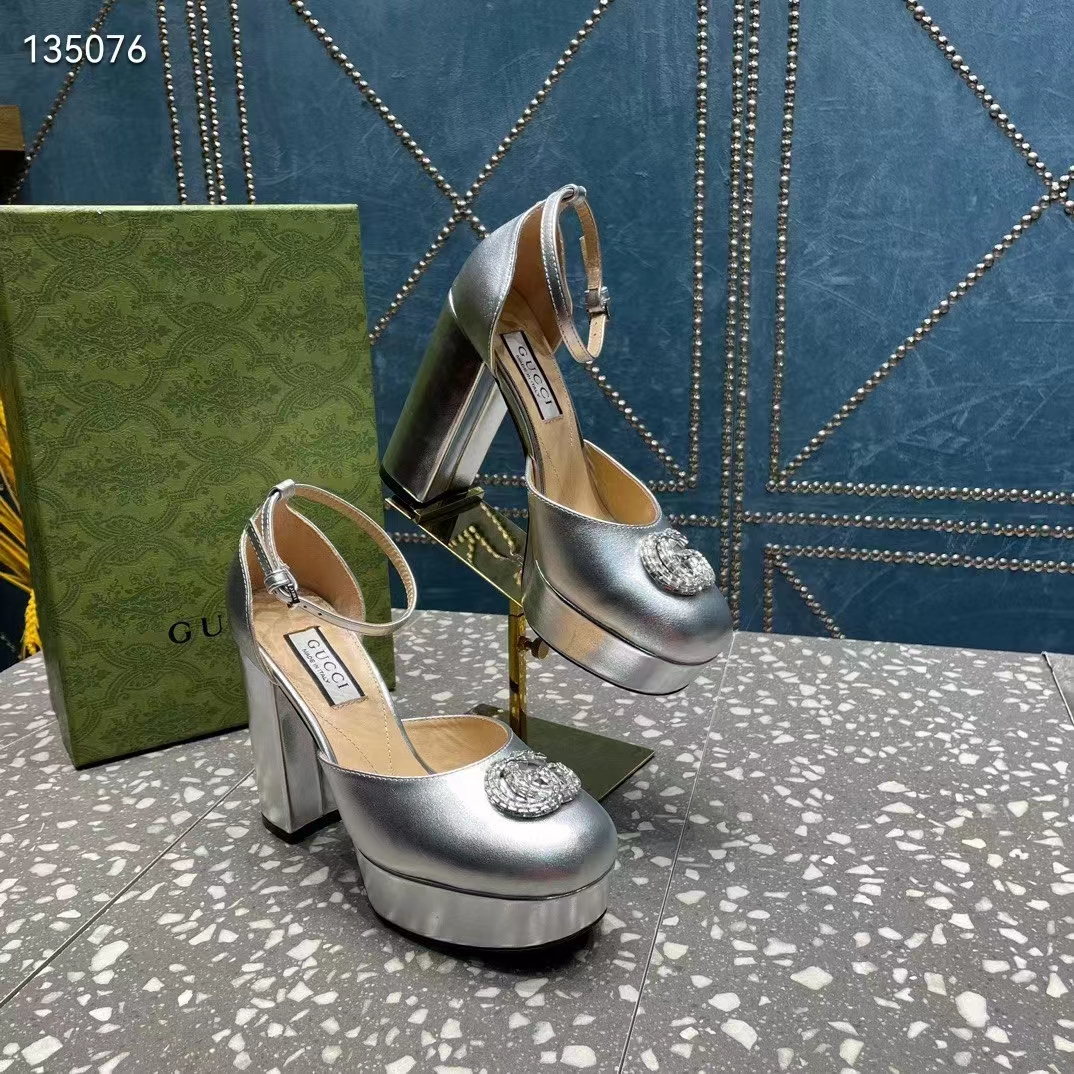 Gucci Women GG Platform Pump Double G Metallic Silver Patent Leather Crystals High Heel