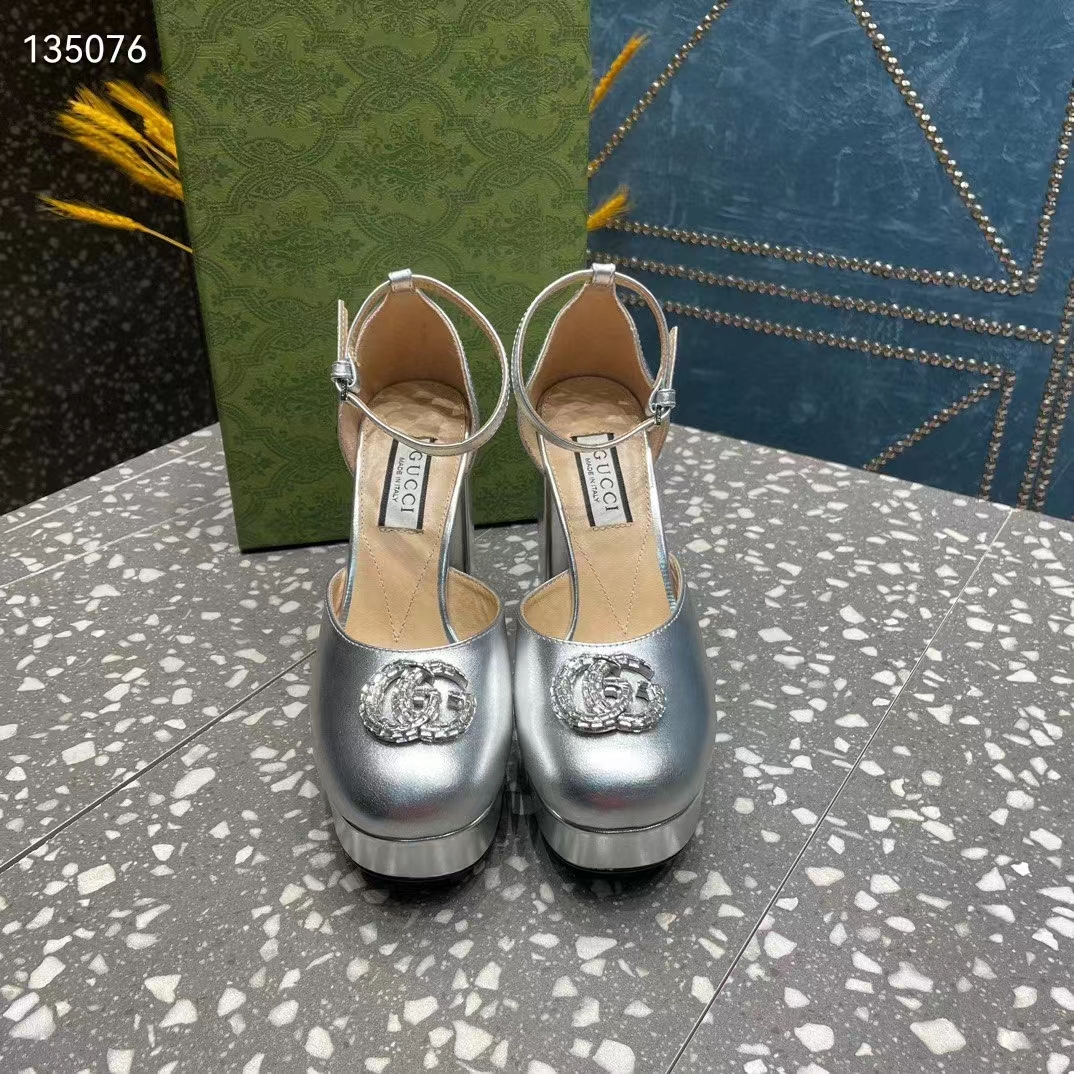 Gucci Women GG Platform Pump Double G Metallic Silver Patent Leather Crystals High Heel