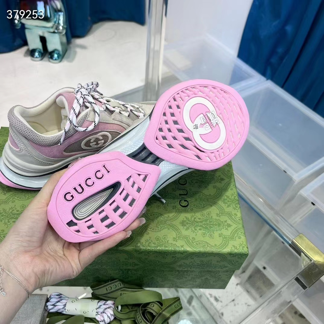 Gucci Women GG Run Sneaker Ivory Pink Suede Interlocking G Bi-Color Rubber Lace-Up Low-Heel