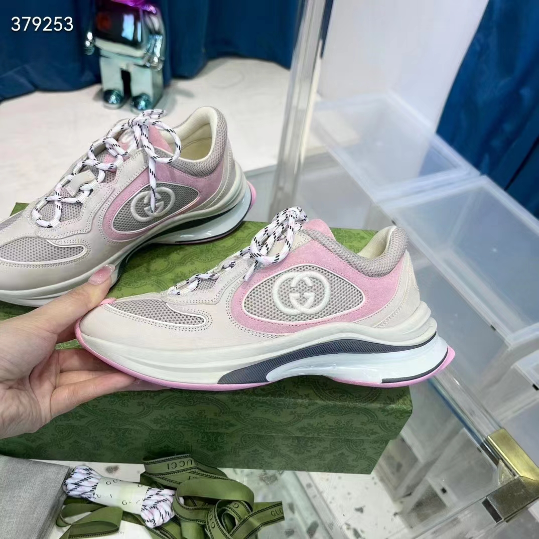 Gucci Women GG Run Sneaker Ivory Pink Suede Interlocking G Bi-Color Rubber Lace-Up Low-Heel
