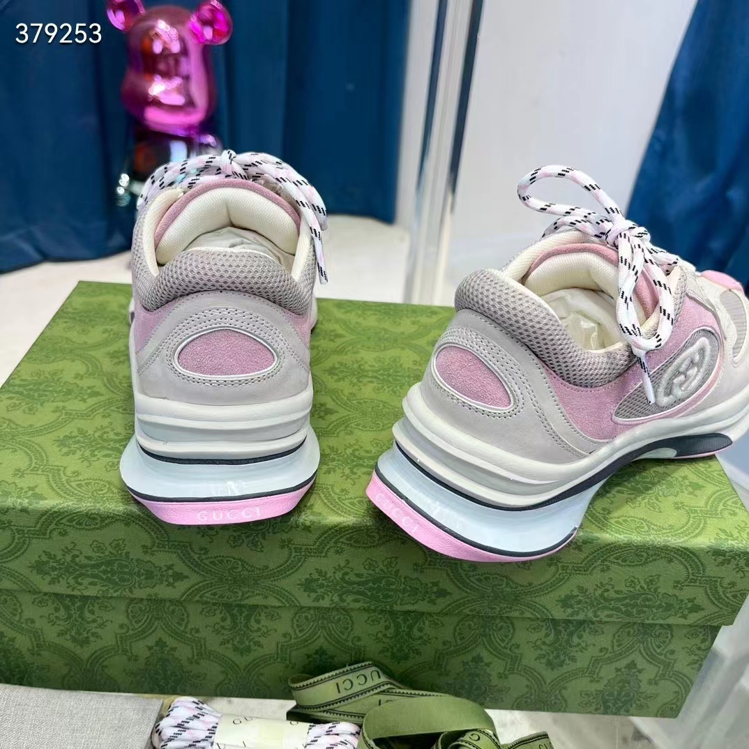 Gucci Women GG Run Sneaker Ivory Pink Suede Interlocking G Bi-Color Rubber Lace-Up Low-Heel