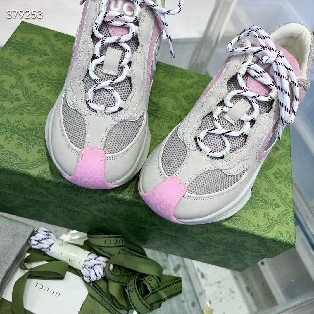 Gucci Women GG Run Sneaker Ivory Pink Suede Interlocking G Bi-Color Rubber Lace-Up Low-Heel