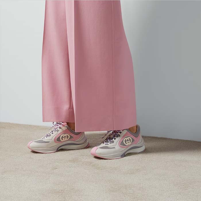 Gucci Women GG Run Sneaker Ivory Pink Suede Interlocking G Bi-Color Rubber Lace-Up Low-Heel