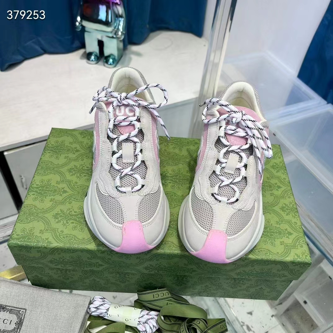 Gucci Women GG Run Sneaker Ivory Pink Suede Interlocking G Bi-Color Rubber Lace-Up Low-Heel