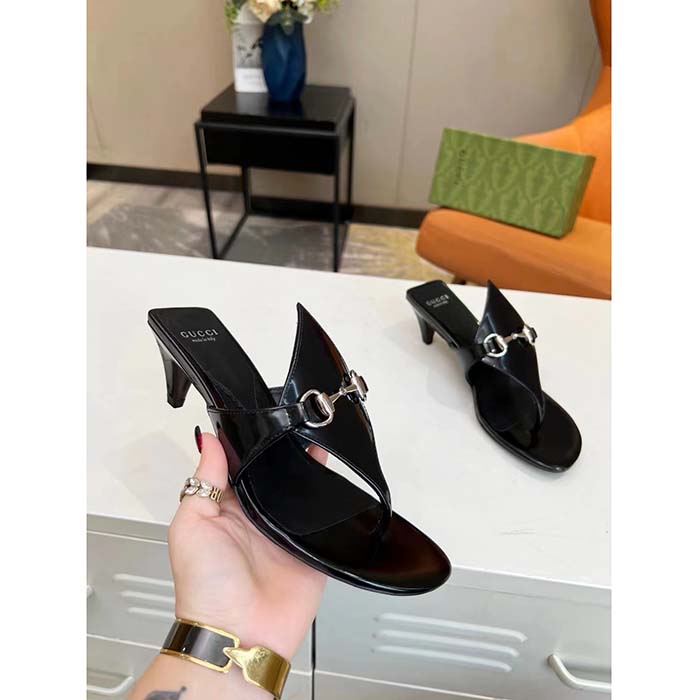 Gucci Women GG Thong Sandal Horsebit Black Leather Interlocking G Mid-Heel
