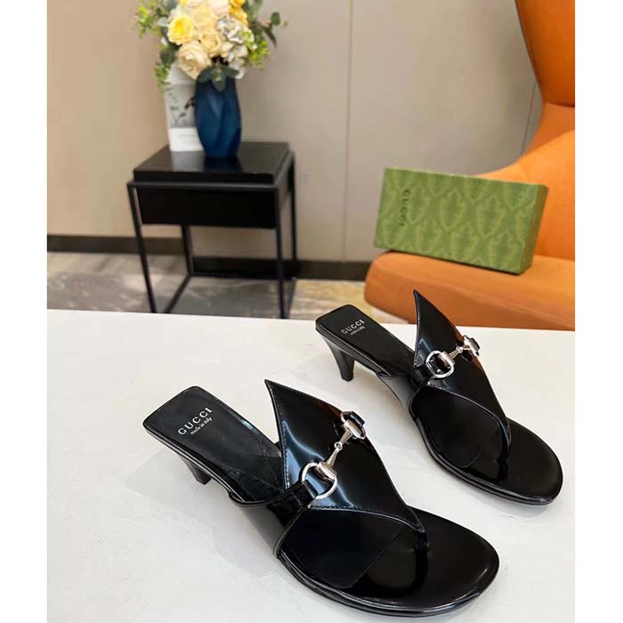 Gucci Women GG Thong Sandal Horsebit Black Leather Interlocking G Mid-Heel