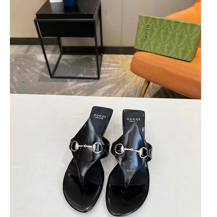 Gucci Women GG Thong Sandal Horsebit Black Leather Interlocking G Mid-Heel