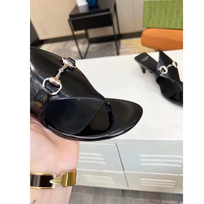 Gucci Women GG Thong Sandal Horsebit Black Leather Interlocking G Mid-Heel