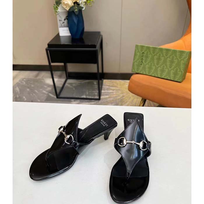 Gucci Women GG Thong Sandal Horsebit Black Leather Interlocking G Mid-Heel