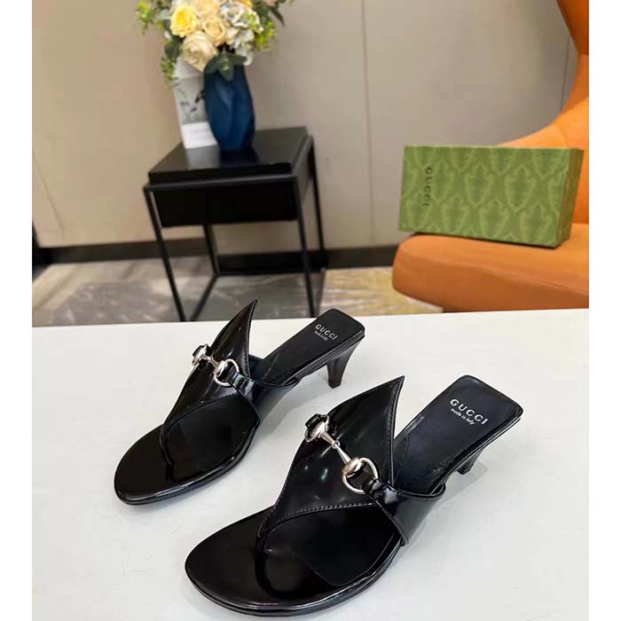 Gucci Women GG Thong Sandal Horsebit Black Leather Interlocking G Mid-Heel