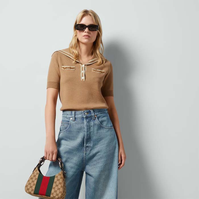 Gucci Women GG Wool Polo Shirt Horsebit Camel Wool Sailor Collar Two Front Pockets Short Sleeves