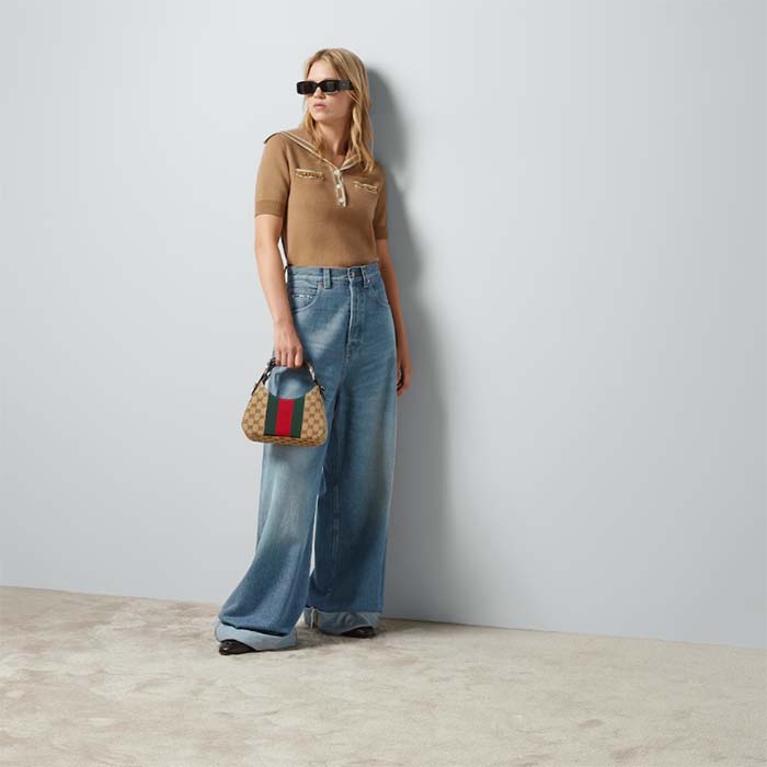 Gucci Women GG Wool Polo Shirt Horsebit Camel Wool Sailor Collar Two Front Pockets Short Sleeves