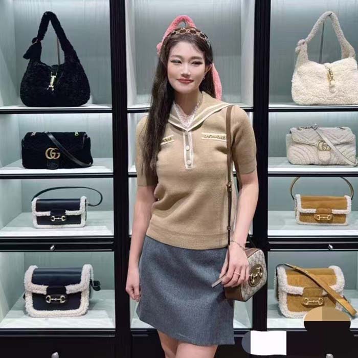 Gucci Women GG Wool Polo Shirt Horsebit Camel Wool Sailor Collar Two Front Pockets Short Sleeves