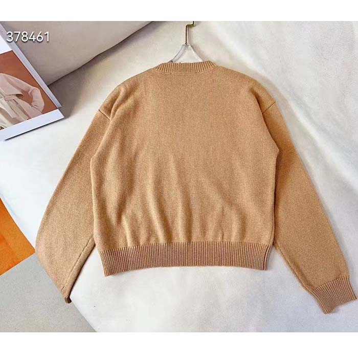 Gucci Men GG Wool Top Gucci Intarsia Camel Wool Crewneck Dropped Shoulder Long Sleeves Rib