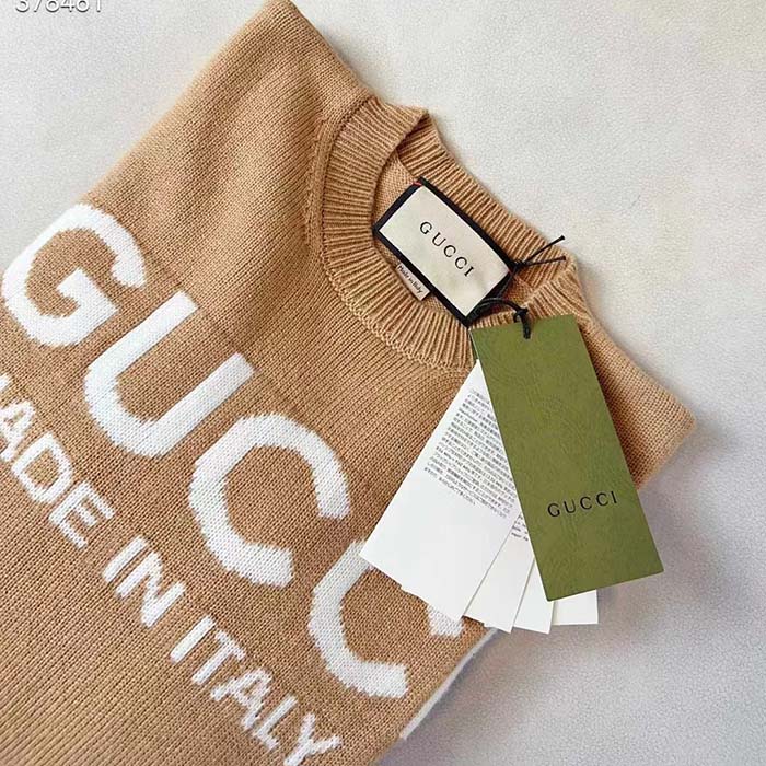 Gucci Men GG Wool Top Gucci Intarsia Camel Wool Crewneck Dropped Shoulder Long Sleeves Rib