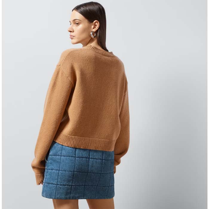 Gucci Women GG Wool Top Gucci Intarsia Camel Wool Crewneck Dropped Shoulder Long Sleeves Rib