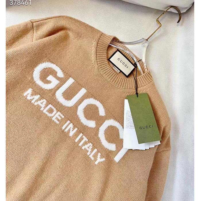 Gucci Men GG Wool Top Gucci Intarsia Camel Wool Crewneck Dropped Shoulder Long Sleeves Rib