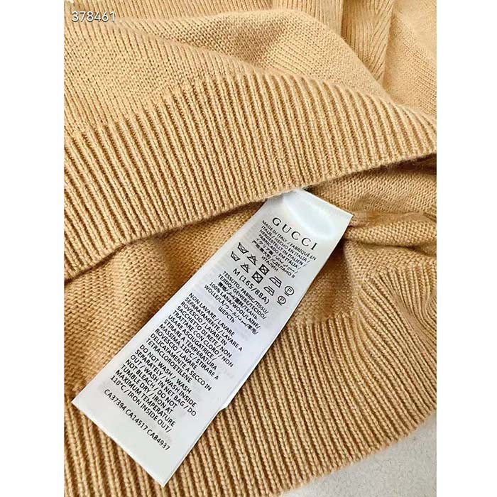 Gucci Men GG Wool Top Gucci Intarsia Camel Wool Crewneck Dropped Shoulder Long Sleeves Rib