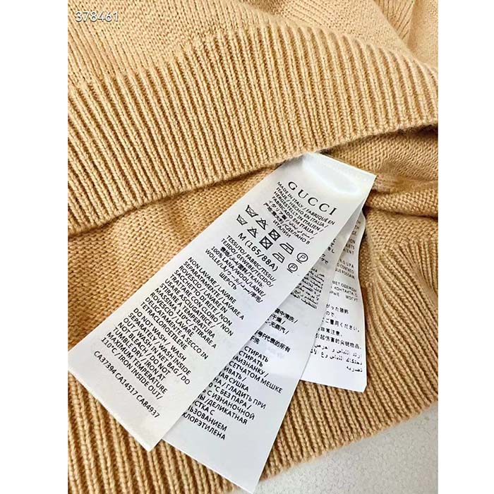 Gucci Men GG Wool Top Gucci Intarsia Camel Wool Crewneck Dropped Shoulder Long Sleeves Rib