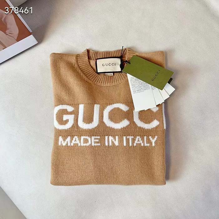 Gucci Men GG Wool Top Gucci Intarsia Camel Wool Crewneck Dropped Shoulder Long Sleeves Rib