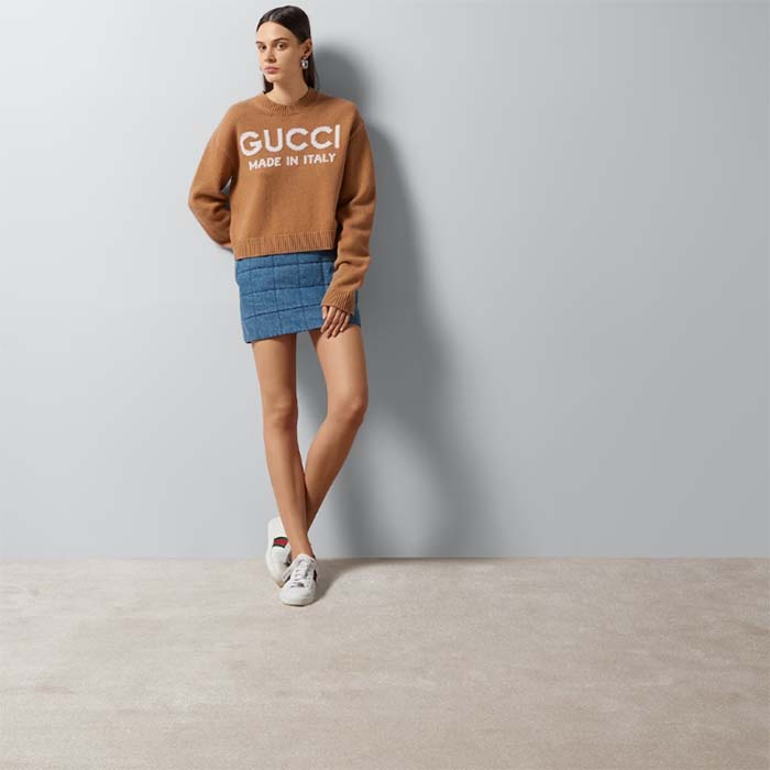 Gucci Women GG Wool Top Gucci Intarsia Camel Wool Crewneck Dropped Shoulder Long Sleeves Rib