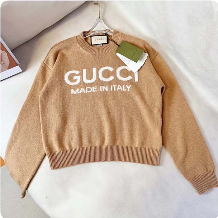 Gucci Men GG Wool Top Gucci Intarsia Camel Wool Crewneck Dropped Shoulder Long Sleeves Rib