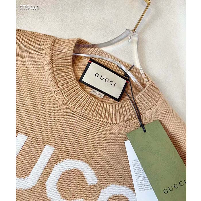 Gucci Men GG Wool Top Gucci Intarsia Camel Wool Crewneck Dropped Shoulder Long Sleeves Rib