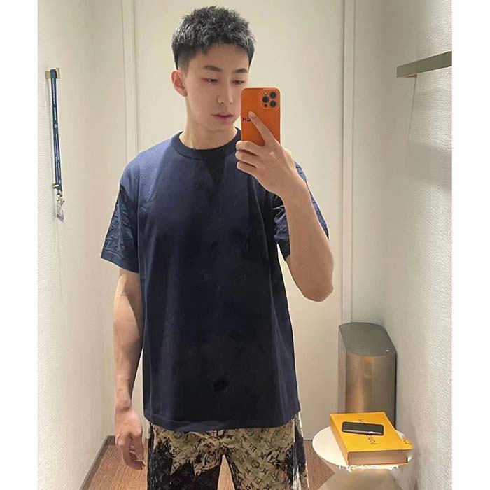 Louis Vuitton LV Men Short-Sleeved Cotton Crewneck Regular Fit Embossed Jacquard Monogram Navy Blue