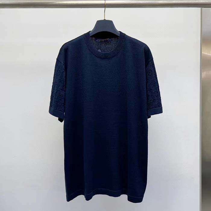 Louis Vuitton LV Women Short-Sleeved Cotton Crewneck Regular Fit Embossed Jacquard Monogram Navy Blue