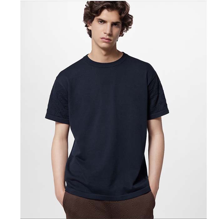 Louis Vuitton LV Men Short-Sleeved Cotton Crewneck Regular Fit Embossed Jacquard Monogram Navy Blue