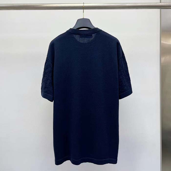 Louis Vuitton LV Women Short-Sleeved Cotton Crewneck Regular Fit Embossed Jacquard Monogram Navy Blue