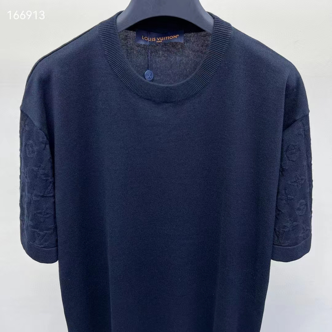Louis Vuitton LV Women Short-Sleeved Cotton Crewneck Regular Fit Embossed Jacquard Monogram Navy Blue