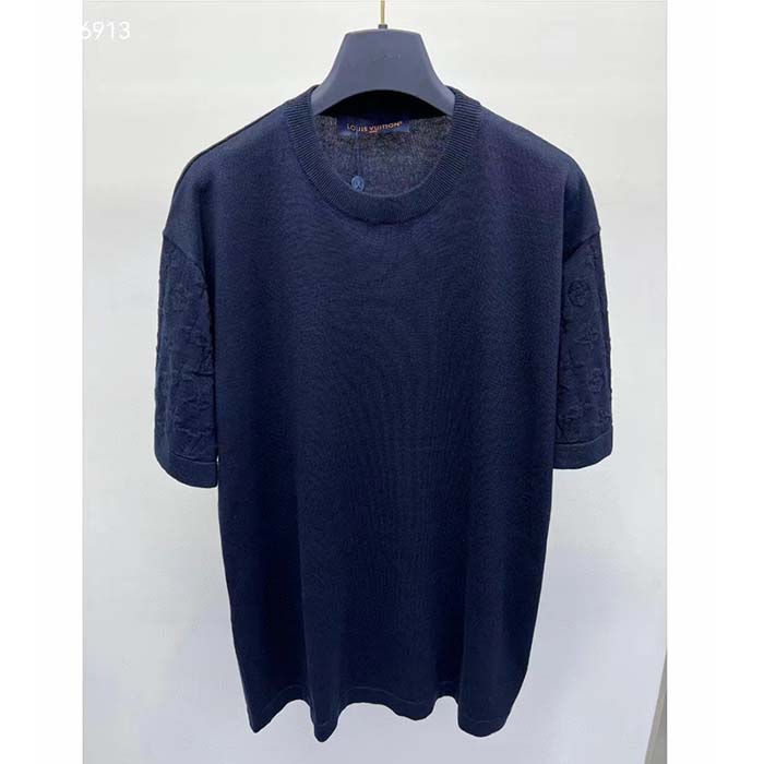 Louis Vuitton LV Women Short-Sleeved Cotton Crewneck Regular Fit Embossed Jacquard Monogram Navy Blue