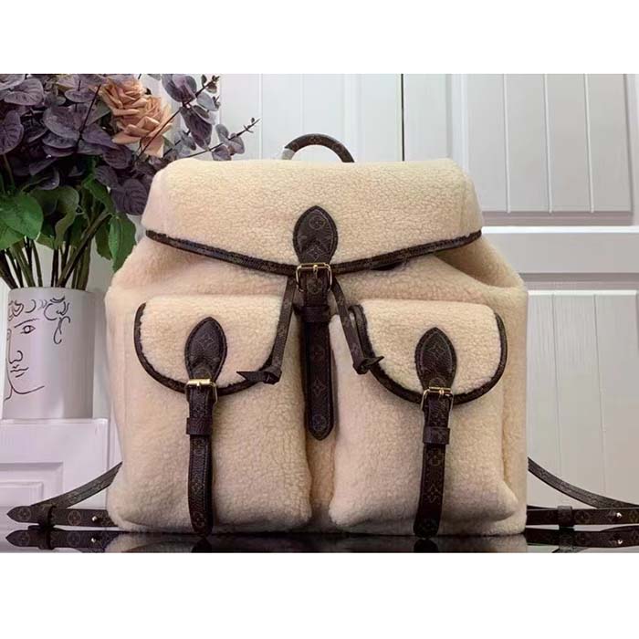 Louis Vuitton LV Unisex Backpack Cream Brown Shearling Monogram-Canvas Textile Lining