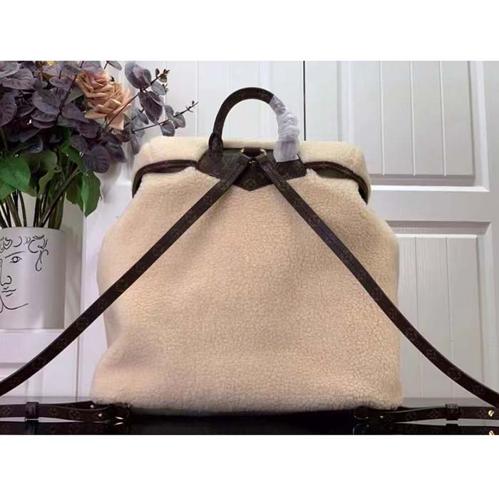 Louis Vuitton LV Unisex Backpack Cream Brown Shearling Monogram-Canvas Textile Lining