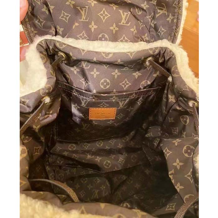 Louis Vuitton LV Unisex Backpack Cream Brown Shearling Monogram-Canvas Textile Lining