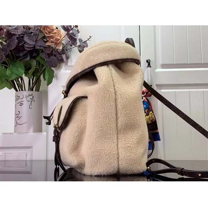 Louis Vuitton LV Unisex Backpack Cream Brown Shearling Monogram-Canvas Textile Lining