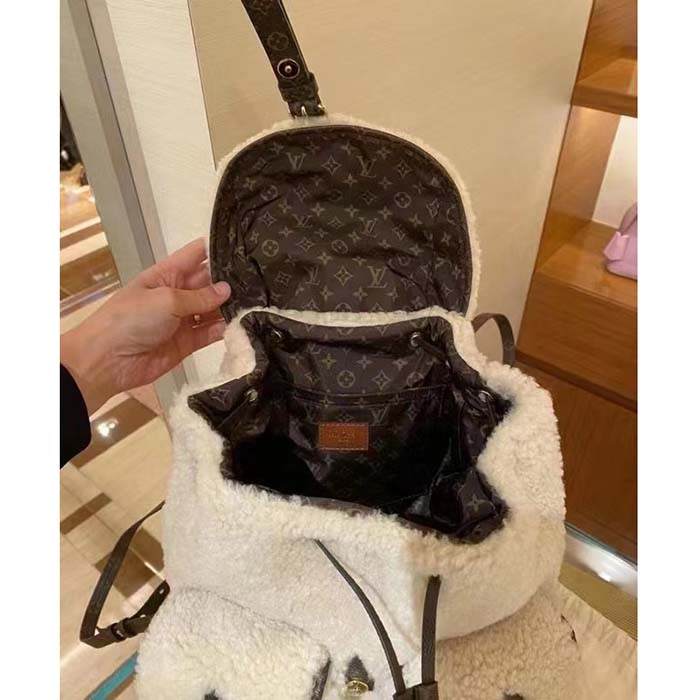 Louis Vuitton LV Unisex Backpack Cream Brown Shearling Monogram-Canvas Textile Lining