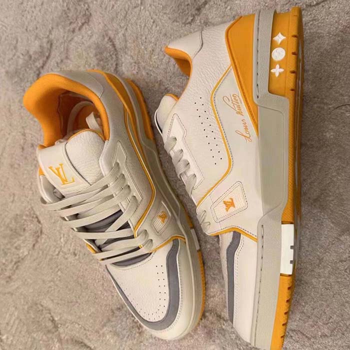 Louis Vuitton LV Unisex LV Trainer Sneaker Yellow Grained Calf Leather Rubber Outsole