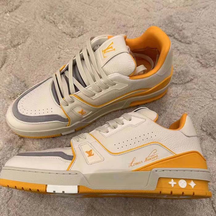 Louis Vuitton LV Unisex LV Trainer Sneaker Yellow Grained Calf Leather Rubber Outsole
