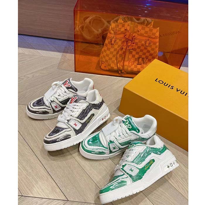 Louis Vuitton LV Unisex Trainer Sneaker Black Printed Calf Leather Rubber Outsole Monogram Flowers