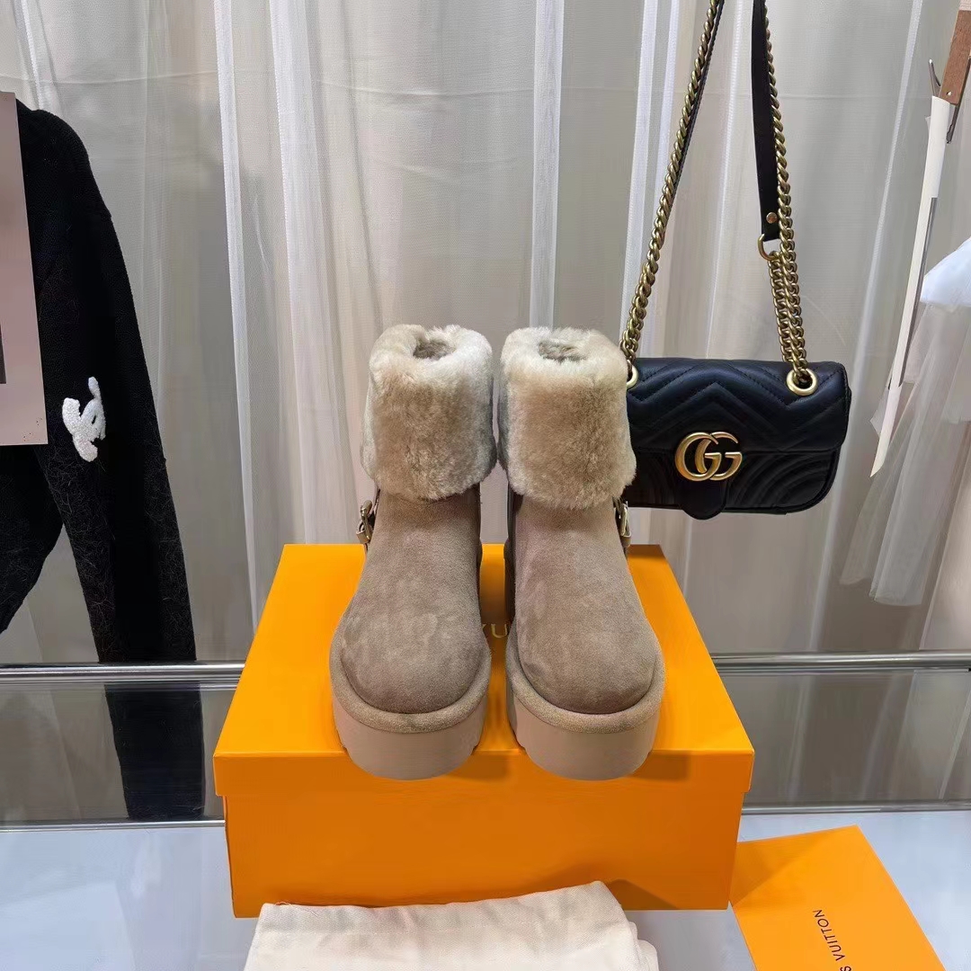 Louis Vuitton LV Women Aspen Platform Ankle Boot Beige Suede Calf Leather Shearling