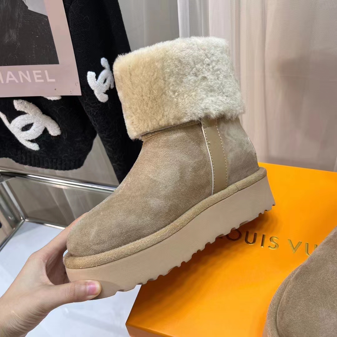 Louis Vuitton LV Women Aspen Platform Ankle Boot Beige Suede Calf Leather Shearling