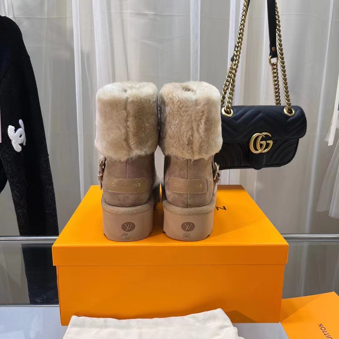 Louis Vuitton LV Women Aspen Platform Ankle Boot Beige Suede Calf Leather Shearling