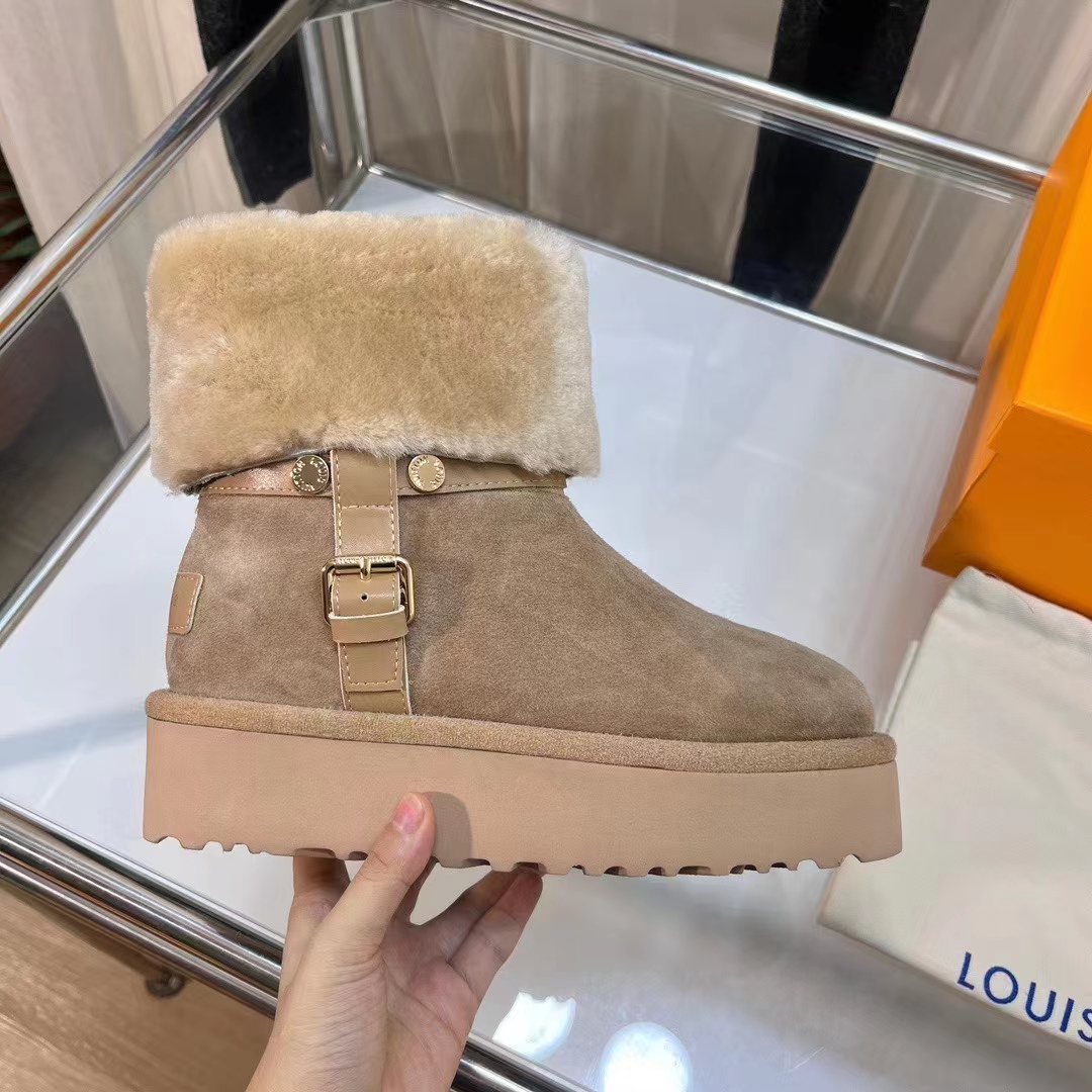 Louis Vuitton LV Women Aspen Platform Ankle Boot Beige Suede Calf Leather Shearling