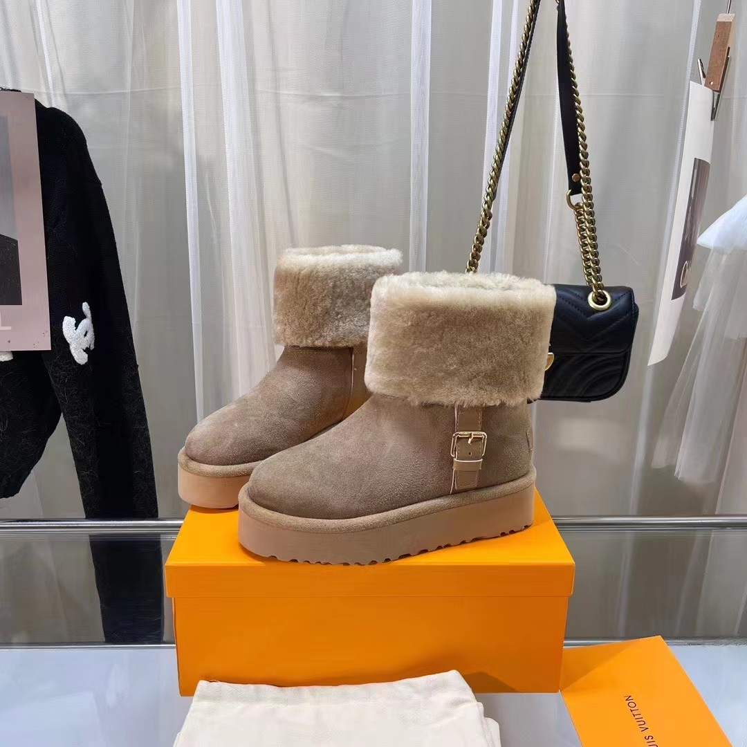 Louis Vuitton LV Women Aspen Platform Ankle Boot Beige Suede Calf Leather Shearling