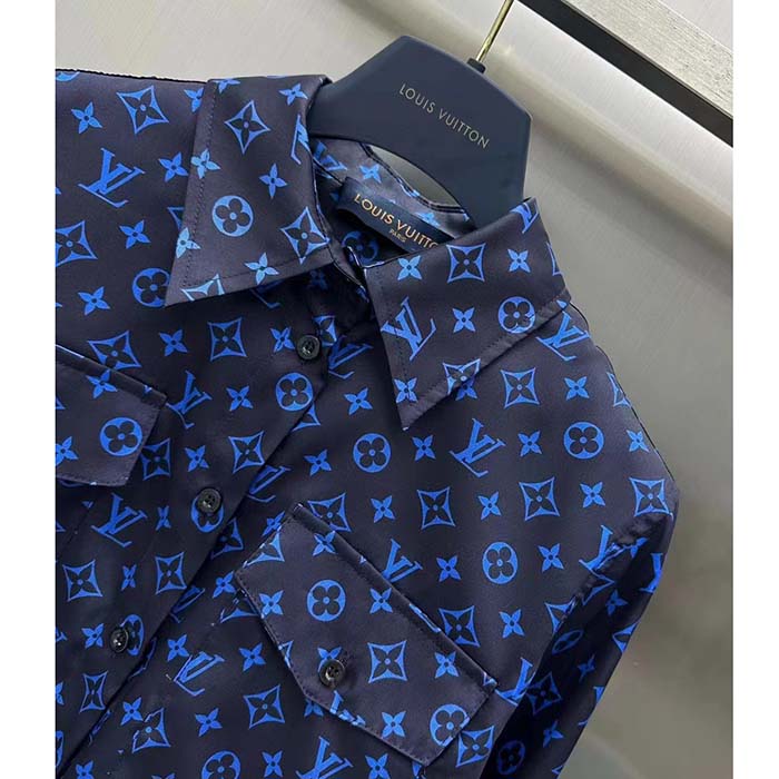 Louis Vuitton LV Women LV Monogram Silk Pleated Shirt Silk Navy