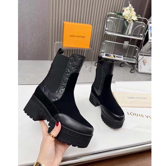 Louis Vuitton LV Women Laureate Platform Chelsea Boot Black Suede Monogram-Debossed Calf Leather